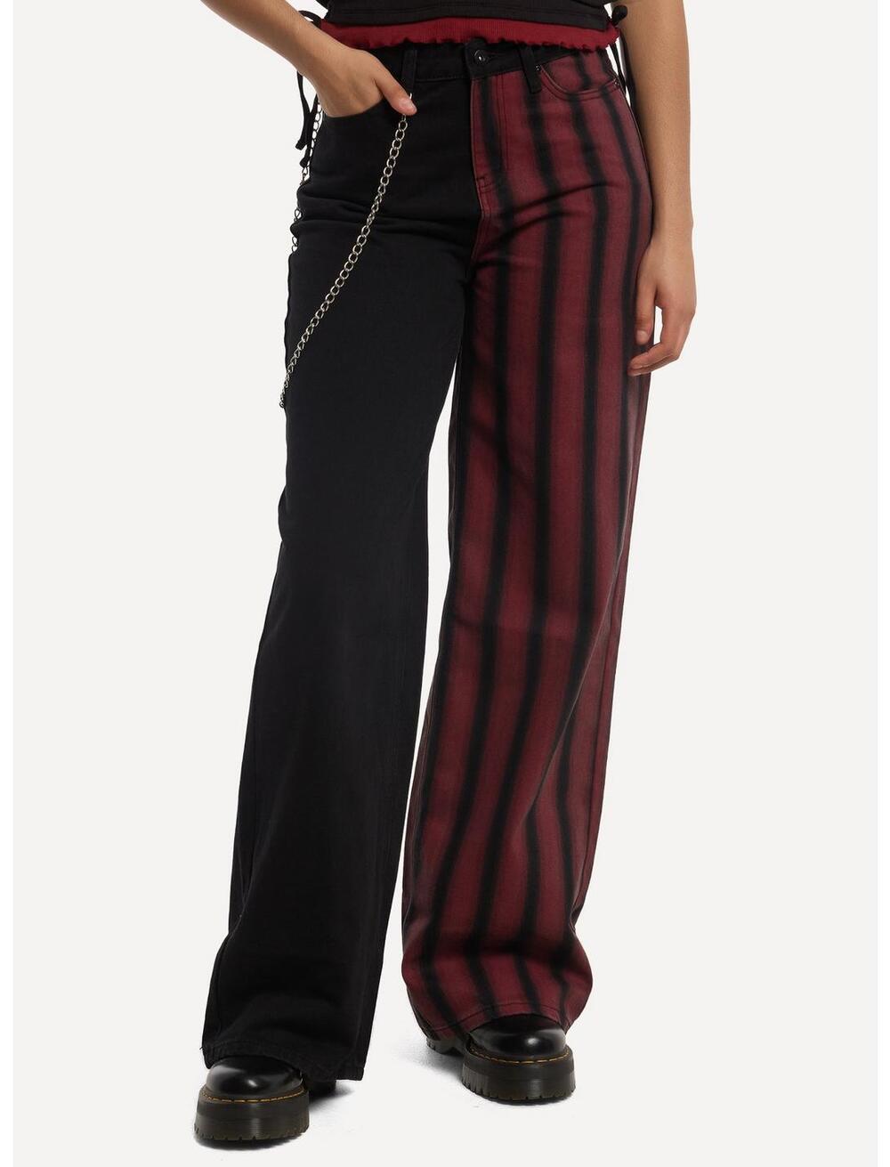 NWT Hot Topic Social Collision Split Black & Red Stripe Wide Leg Jeans sz 13